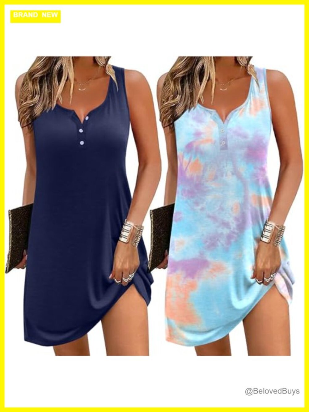 Ekouaer 2 Pack Tank Nightgown Sleeveless Sleepshirt Button Soft Sleep Dress